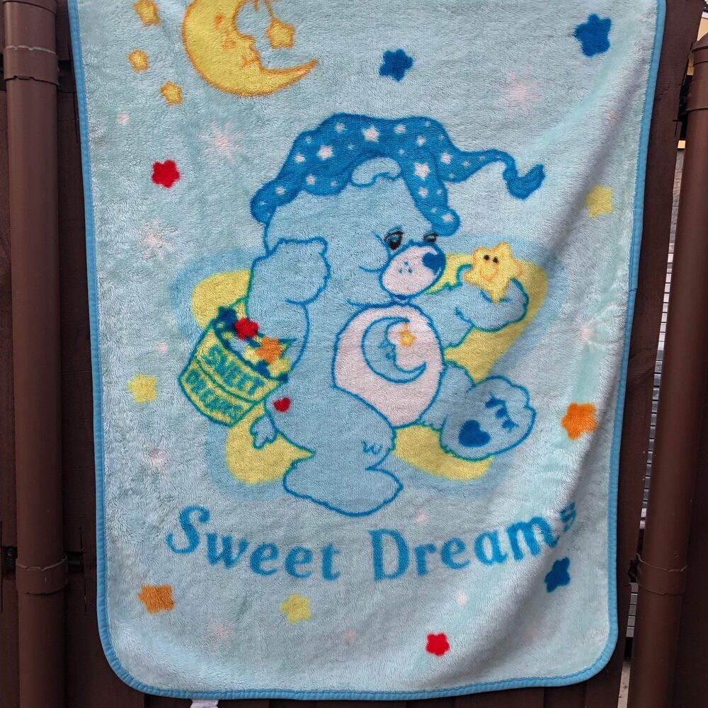 Vintage CARE BEARS Bedtime Bear SWEET DREAMS Baby Blanket 43" x 30"
